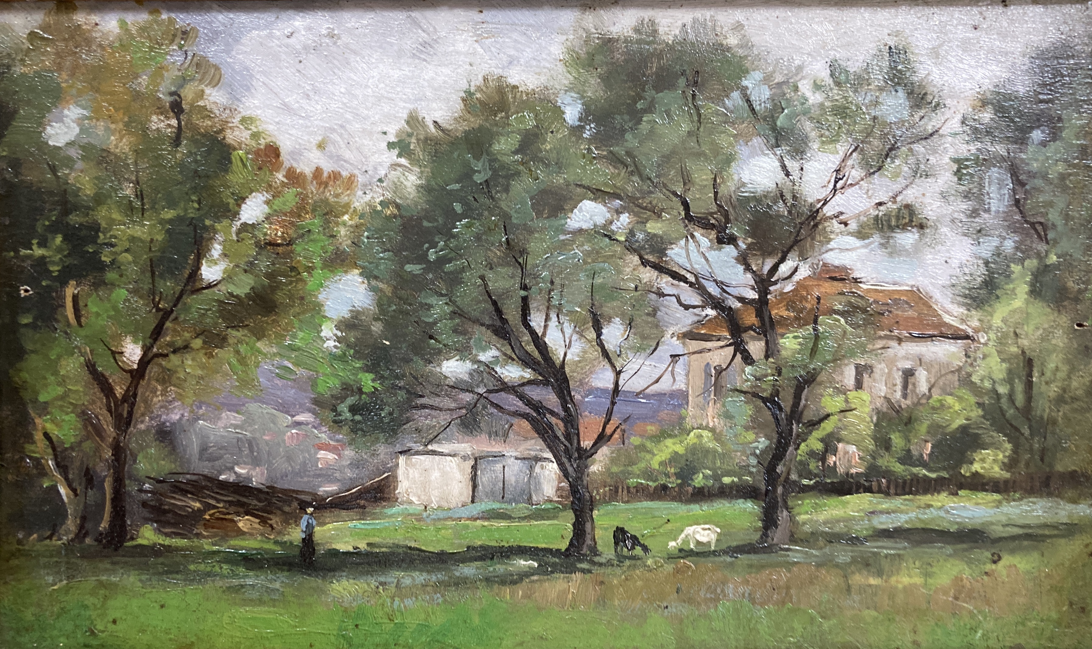 French School, oil on panel, French farm with goats beneath trees, 13 x 23cm